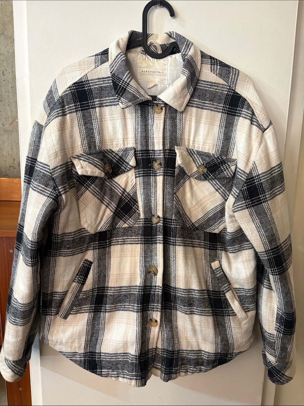 Black & Cream Plaid Utility Flannel Jacket
